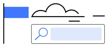 Arama çubuğunun üzerinde büyüteç, mavi bayrak, bulut, minimal çizgiler. Teknoloji, web tasarımı, veri araması, navigasyon, internet araçları basit indirme sayfası için ideal