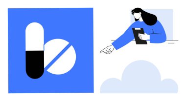 Kapsül ve tablet, elinde pano olan bir kadın bulutlu bir arkaplanı işaret ediyor. Sağlık hizmetleri, danışma, tıbbi danışma, ilaç, rehberlik, modern tasarım, basit iniş için ideal