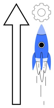 Mavi roket koyu siyah ok ve dişli dişlinin yanına yükseliyor. Başarı, yenilik, büyüme, liderlik, başlangıç, teknoloji ve ilerleme için ideal. Basit düz metafor