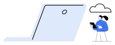 Tablet tutan kadın bulut ve dizüstü bilgisayarın yakınındaki verileri analiz ediyor. Dijital depolama, teknoloji, bulut hesaplama, veri erişimi, uzaktan çalışma, çevrimiçi iletişim, basit iniş sayfası için ideal