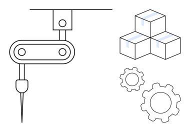 Robot kol, vites mekanizmaları ve paketlenmiş kutularla birlikte çalışır, otomasyon, üretim ve yenilikleri temsil eder. Endüstri, teknoloji, lojistik, süreç, gelecekteki makine teknolojisi için ideal