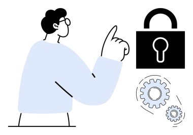 Kilitlenmiş asma kilit ve birbirine kenetlenmiş çarklar sistem güvenliğini, optimizasyonu ve operasyonel güvenliği simgeliyor. Siber güvenlik, veri koruması, yenilik, işbirliği ve teknoloji için ideal