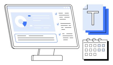 Yazı dokümanları ve takvim grafiğinin yanında turta grafiği ve kontrol işaretleriyle veri analizi ve görev listelerini gösteren bilgisayar ekranı. Üretkenlik, organizasyon, planlama, zamanlama ve veri için ideal