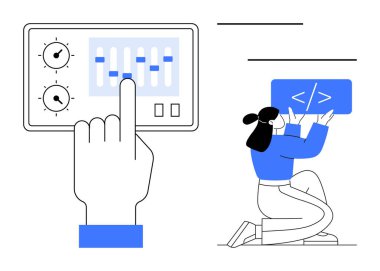 El işletim paneli ve kişi kod bloğu tutuyor, kişiselleştirme ve programlamayı vurguluyor. Geliştirme, mühendislik, kodlama, kullanıcı deneyimi, çözümler, tasarım, basit iniş için ideal