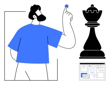 Yukarıya bakan adam bir fikri işaret ediyor, satranç taşının kralı stratejiyi simgeliyor, ekranda dijital elementler var. Strateji, karar verme, liderlik, planlama, yenilik analizi anlayışı için idealdir. Temiz