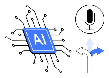 Radyal devreli yapay zeka çipi, ses kontrolü için mikrofon ikonu ve seçenekleri sembolize eden bir karar dalı. Teknoloji, yapay zeka, otomasyon, ses kontrolü, karar verme, yenilik için ideal