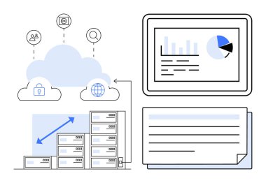 Sunuculara bağlı bulut depolama, çizelgeli analitik gösterge paneli, güvenlik kilidi, kullanıcı simgeleri. Teknoloji, bulut hesaplama, veri analizi, siber güvenlik, dijital depolama ağı için ideal