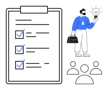 Liste ve izleyicilerin ana hatlarının yanında profesyonel çanta ve ampul var. Beyin fırtınası, takım çalışması, üretkenlik, fikirler, hedefler, planlama, liderlik için idealdir. Basit düz metafor