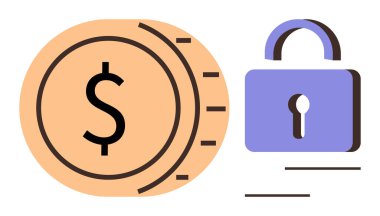 Finans, tasarruf, güvenlik, koruma, yatırım, risk yönetimi ve istikrarı sembolize eden madeni paranın yanında bir dolar. Çevrimiçi bankacılık, fintech mobil cüzdanlar ve basit düz metafor için ideal