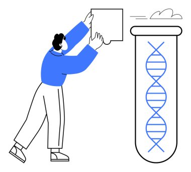 Laboratuvar test tüpünün içinde DNA ipliği incelerken bir yapboz parçası yerleştiriliyor. Bilim, araştırma, yenilik, biyoteknoloji, sağlık, genetik ve eğitim için idealdir. Basit düz metafor