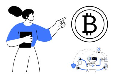Bitcoin tabelasını işaret eden bir kadın, teknoloji odaklı bir sahnede robotların yönettiği bir tablet tutuyor. Engelleme zinciri, yapay zeka, teknoloji, yenilik, finansal okur yazarlık, otomasyon, dijital eğilimler için ideal