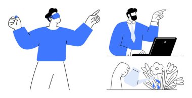 VR kulaklıklı bir adam, dizüstü bilgisayarda çalışan bir adam, el sulama bitkileri. Sanal gerçeklik, takım çalışması, uzaktan çalışma, yenilik, sürdürülebilirlik yaratıcılığı ve işbirliği temaları için idealdir. Basit düz