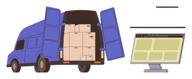 Arka kapıları açık mavi minibüs bilgisayar ekranının yanında istiflenmiş kutuları gösteriyor. Lojistik, nakliye, teslimat, e-ticaret, online alışveriş ulaşım tedarik zinciri için ideal. Basit.