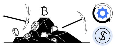 Kayalardan Bitcoin sikkeleri çıkaran kazmalar, kripto para birimini, engelleme operasyonlarını ve merkezi olmayan finansmanı vurguluyor. Madencilik, yatırım, teknoloji, yenilik, otomasyon dijital için ideal