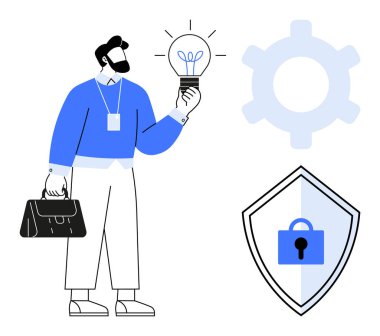 Elinde bavullu ampul, vites sembolü ve kalkan ikonu tutan adam. Yenilik, teknoloji, güvenlik, iş, fikirler, iş akışı profesyonel büyüme için idealdir. Soyut çizgili düz illüstrasyon