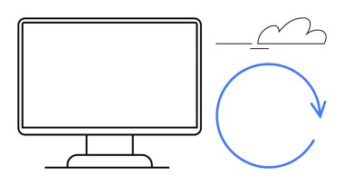 Veri senkronizasyonu ok ve bulut ile masaüstü monitörü. Teknoloji, bilgisayar, bulut depolama veri transferi, senkronizasyon, bilişim çözümleri ve modern bağlantı için ideal. Basit düz metafor