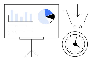 Sunum tahtasında bir çubuk grafik ve pasta grafiği, aşağı ok ve saat ile alışveriş arabası ikonu. Analiz, perakende, zaman yönetimi, planlama, satış stratejisi, üretkenlik için ideal