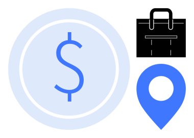 Çemberin içinde mavi dolar işareti, iş ya da işi sembolize eden evrak çantası ve navigasyon ya da coğrafi bağlam için yer broşu. İş, finans, yatırım, navigasyon, strateji için ideal