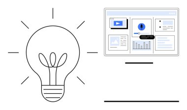 Veriler, grafikler, videolar ve uyarılarla gösterge panelinin yakınındaki yaratıcılığı simgeleyen ampul. Yenilik, fikirler, strateji, tasarım analitik teknoloji ekibi işbirliği için idealdir. Modern basit
