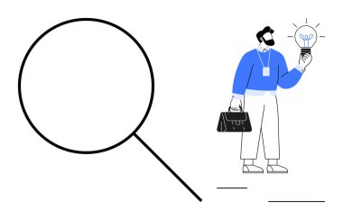 Büyük bir büyüteçin yanında elinde ampul tutan mavi gömlekli bir adam. Araştırma, yaratıcılık, strateji, keşif, yenilik, çözümler ve liderlik için ideal. Basit düz metafor