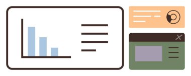 Metin satırlarının yanında dikey çubukları, avatarlı kullanıcı profili kartı ve açılır pencereli bar tablosu. Veri görselleştirme, analitik, iş, teknoloji, yönetim, uygulamalar için idealdir