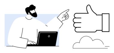 Dizüstü bilgisayardaki sakallı adam bulutun üstündeki büyük bir ikonu işaret ediyor. Takım çalışması, üretkenlik, onay, çevrimiçi işbirliği, karar verme, motivasyon, basit iniş sayfası için ideal