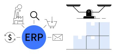 Fabrika, alışveriş arabası, e-posta, büyüteç, nakit akışı, paket ve denge ayarlarının merkezi ERP bağlantı noktaları. Ticari yönetim için ideal, tedarik zinciri envanter takibi finans lojistik süreci