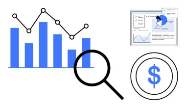 Grafik çizelgesi, büyük büyüteç, dolar sembolü ve analitik odaklı finansal panel. Finans, işletme, veri analizi, ekonomi ve yatırım istatistikleri için ideal