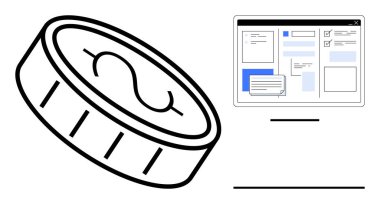 Çevrimiçi arayüzün yanında dolar işareti olan para dijital işlemleri temsil ediyor. Finans, finans, bütçe, yatırım, bankacılık, e-ticaret, online ödemeler için ideal. Basit düz metafor