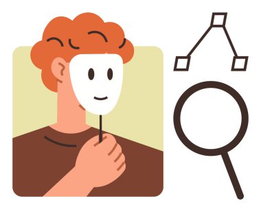 Elinde boş bir maske, büyüteç, soruşturmayı işaret eden büyüteç, karar vermeyi sembolize eden akış şeması. Kimlik, aldatma, analiz, psikoloji, kendini keşfetme için ideal