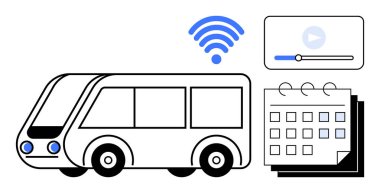 Kablosuz sinyalli modern otobüs, medya oynatıcı ekranı, ve dakikliği, eğlenceyi ve dakikliği temsil eden takvim. Ulaşım, teknoloji, seyahat, akıllı şehirler için ideal