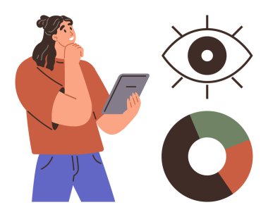 Tablet tutan kadın, verileri tefekkür eden, resimli pasta grafiği ve göz simgesi. Analiz, gözlem, karar verme, araştırma yenilik yönetimi için ideal. Basit düz metafor