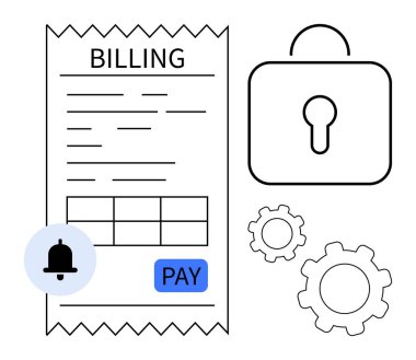 Fatura makbuzu, kilit kilidi, vites simgeleri ve uyarı bildirimi güvenli ödeme, şifreleme ve fintech 'i vurguluyor. Finans, e-ticaret, SaaS uygulama tasarım sistemi güncellemeleri ve basit