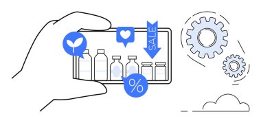 İndirim etiketleri, satış okları, çevre dostu ikonlar ve nişan sembolleriyle el ele tutuşan akıllı telefon vitrinleri. E-ticaret, sürdürülebilirlik, pazarlama, mobil uygulamalar, reklamcılık için ideal