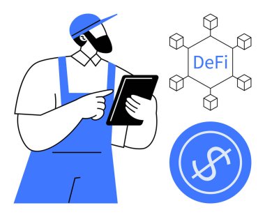 Kapaklı ve tulumlu işçiler, merkezi olmayan finans engeli ve dolar ikonu ile birlikte tablet taşıyorlar. Engelleme teknolojisi, dijital para birimi, fintech, finans otomasyonu, yenilik, veri