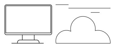 Masaüstü monitörü ve bulut ana hatları dijital hizmetleri, bulut depolama ve çevrimiçi teknolojiyi gösteriyor. Yenilik, bilişim, uzaktan erişim, bulut hesaplama, ağ oluşturma konularında ideal