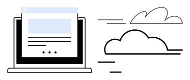 Bir pencere ve hızlı, modern bulut hesaplamasını vurgulayan dinamik bulutları gösteren dizüstü bilgisayar. Teknoloji kavramları, çevrimiçi hizmetler, bağlantı, hız, sunucu, bulut depolama, basit düz