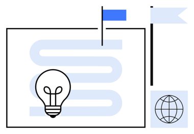 Fikirleri sembolize eden ampul, ilerlemeyi gösteren patika, hedef işareti olarak bayrak, küresel ulaşımı temsil eden dünya. Strateji, yenilik, hedefler, yaratıcılık, problem çözme vizyonu için ideal. Basit.