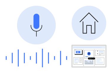 Mikrofon simgesi, ses dalgası, akıllı ev sembolü ve arayüz ekranı akıllı teknolojiyi vurguluyor. Ev otomasyonu, sesli komut, IOT, teknolojik yenilik arayüzü tasarımı ve yapay zeka için ideal. Basit.