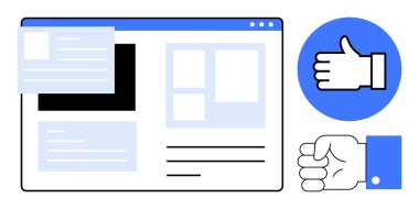 İçerik bölümleri, navigasyon ve yukarı ve aşağı simgelerini içeren web sitesi arayüzü. Geribildirim, kullanıcı etkileşimi, web tasarımı, kullanıcı deneyimi, yorumlar, basit iniş sayfası için ideal