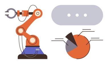 Otomatik robot kol veri elemanları, pasta grafiği ve bilgi baloncuğuyla etkileşime giriyor. Teknoloji, robot bilimi, veri analizi, otomasyon, mühendislik yapay zekası ve yenilik kavramları için idealdir. Basit.