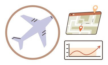 Uçak iç daire, konum pimleri ve yukarı doğru grafik çizgisi olan bir harita. Seyahat, navigasyon, lojistik, turizm, veri analizi, ulaşım büyümesi görselleştirme için idealdir. Basit düz metafor
