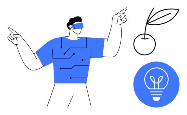 Devre temalı gömlekli VR kulaklık takan kişi fikirleri sembolize eden ampul ve sürdürülebilirliği temsil eden bitki filizi. Teknoloji, yenilik, yaratıcılık, çevre dostu kavramlar için ideal