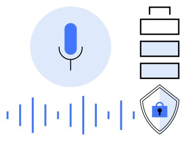 Ses dalgalı mikrofon, pil seviyesi göstergesi ve kilitli kalkan. Teknoloji, güvenlik, üretkenlik, iletişim, enerji yönetimi, ses işleme gizlilik koruması için ideal