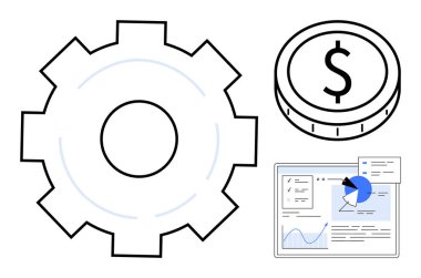 Gear sembolize süreci, madeni para finansı ve grafik ve analizli bir veri paneli. Strateji, iş planlaması, süreç geliştirme, finans yönetimi, veri analizi için ideal