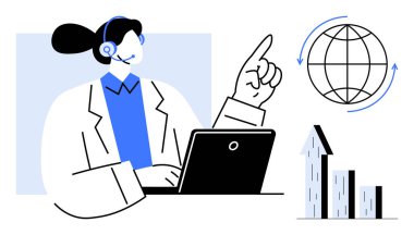 Profesyonel kulaklık takma, dizüstü bilgisayar kullanma, küresel ağda el kol hareketi ve büyüme grafikleri. Müşteri hizmetleri, iş büyümesi, küresel iletişim, ekonomi, analitik, uzaktan çalışma, basit