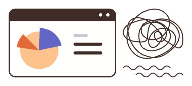 Tarayıcı penceresinin içinde metin elemanları, karmaşayı sembolize eden karışık çizgi ve dalgalı çizgiler içeren bir pasta grafiği. Veri analizi, problem çözme, beyin fırtınası, karmaşıklık ve karar verme için ideal