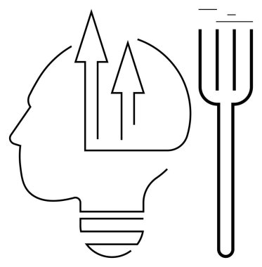 Ampul şeklindeki insan kafası yukarı bakan oklarla büyümeyi, yeniliği ya da fikirleri simgeliyor. Çatal çizgileri yaratıcılığı, ilerlemeyi ya da ikiliği gösteriyor. Eğitim, iş ve büyüme için ideal