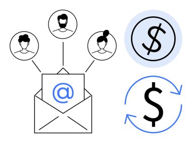Kullanıcı profillerine, dolar parasına ve döviz takas simgesine bağlı e-posta sembolü olan zarfı aç. İletişim, finans, işbirliği, e-posta pazarlama, takım çalışması, dijital ekonomi için ideal