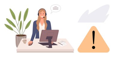 Ofis çalışanı. Masa başı soruları cevaplıyor. Bitki, bilgisayar, kahve fincanı, belge ve uyarı işareti var. Müşteri hizmetleri, teknik destek, iletişim, sorun giderme için ideal